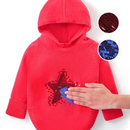 Babyhug Knitted Raglan Sleeves Hooded Sweater with Reversible Star Sequin Design - Coral-image-53