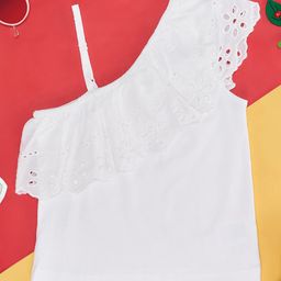 Pantaloons Junior Cotton Spandex One Shoulder Schiffli Embroidered Top - White-image-57