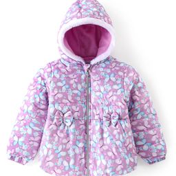 Babyhug Woven Full Sleeves Front Open Padded Hooded Jacket with Butterflies Print & Bow Applique - Purple-picture-17