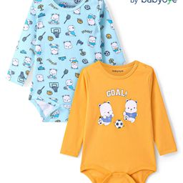 Babyoye 100% Cotton Knit With Eco- Jiva Finish Full Sleeves Onesies with Bear Print Pack of 2 - Blue & Yellow-image-94