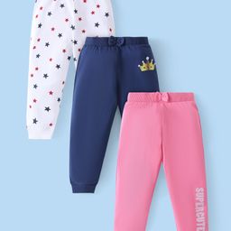 Babyhug Cotton Knit Full Length Lounge Pants Star & Text Print with Bow Detailing Pack of 3 - Multicolour-image-87