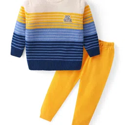 Babyhug Knitted Full Sleeved Pullover StripedSweater Set - YellowBlue & White-picture-30