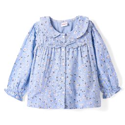 Babyhug Rayon Full Peasant Sleeves Peter Pan Collar Top with Floral Print & Bow Detailing - Light Blue-image-3