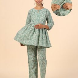 Ikk Kudi by Seerat Cotton Woven Three Fourth Sleeves Floral & Paisley Printed Peplum Top With Zipper Nursing Access & Pant Set - Green-image-66