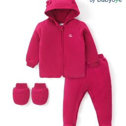 Babyoye Cotton Knit Full Sleeves Hooded Front Zipper Winter Wear Suit With Mittens - Dark Pink-image-50