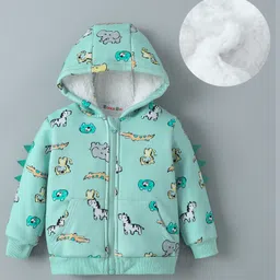 Kookie Kids Full Sleeves Hooded Sweatjacket with Animal Print & Kangaroo Pockets - Aqua Blue-picture-38