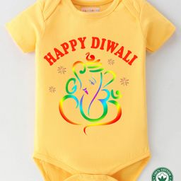 BLUSHES Diwali Theme 100% Cotton Half Sleeves Happy Diwali Text Printed Onesie - Yellow-picture-7