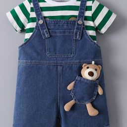 Mark & Mia Denim Dungaree & Half Sleeves Striped Cotton T-Shirt With Teddy Bear Applique - Green & Blue-image-93