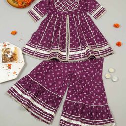 Little Ginnie Cotton Half Sleeves Bandhani Designed & Gotta Lace Embellished Kurta Sharara Set - Purple-image-53