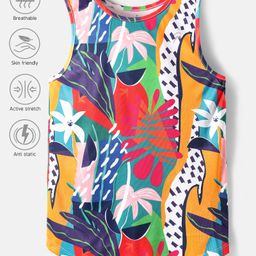 Pine Active Knit Sleeveless T-Shirt with Tropical Theme Print - Multicolor-image-69