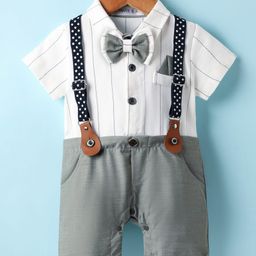 Mark & Mia Woven Half Sleeves Striped Party Romper With Bow & Suspender - White-image-85