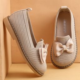 Babyoye Slip On Solid Coloured Ballerina With Bow Applique - Beige-image-48