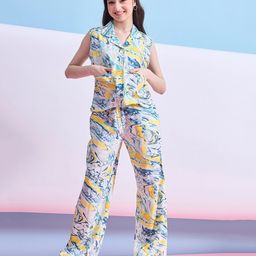 StyloBug Viscose Rayon Sleeveless Tie Dye Shirt Style Top & Coordinating Pant Set - Multi Colour-image-23