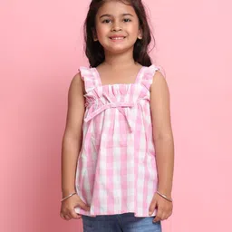 Saka Designs By Sapna Woven Sleeveless Checked & Bow Applique Detailed Top - Pink-picture-7
