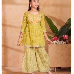 Aarika Cotton Woven Three Fourth Sleeves Floral Motifs Lace Embellished Kurta With Sharara Set - Yellow-image-88