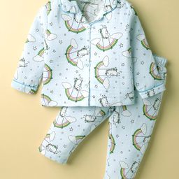 Doreme Cotton Knit Full Sleeves Co-Ord Night Suit With Unicorn Theme Print - Light Blue-image-24