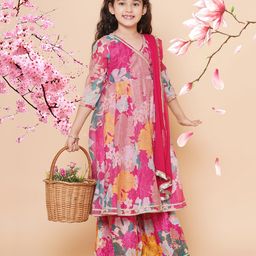 Bitiya By Bhama Silk Woven Three Fourth Sleeves Floral Printed Kurta & Sharara With Dupatta Set - Pink-image-42