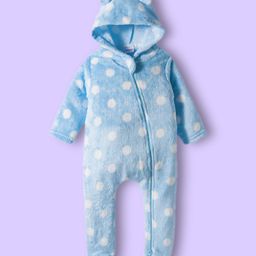 Babyhug Woven Full Sleeves Front Open Footed Hooded Winter Wear Romper with Polka Dot Design - Light Blue-picture-27