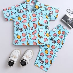The Magic Wand Cotton Woven Half Sleeves Fruits Printed Coordinating Night Suit Set- Blue-picture-14