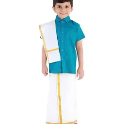 VASTRAMAY Kids Blue & White Shirt Mundu Set-picture-9