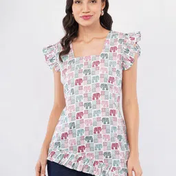 Mishy Women Ethnic Motifs Printed Flutter Sleeves Pure Cotton Asymmetric Hem-10