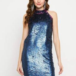 MADAME Blue Embellished Shift Dress-picture-16