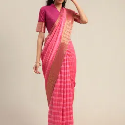 LADUSAA Pink Check Saree With Blouse image 3