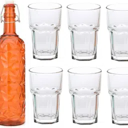Bottle & 6 Glass Serving Lemon Set, Orange, Clear, Glass - A595 Jug Glass Set-image-96