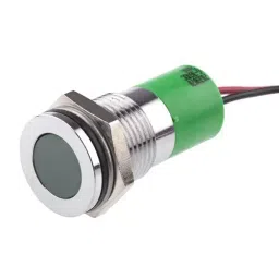 RS PRO Green Panel Mount Indicator 6-36V DC, Mounting Hole Size 14 mm, Termination Type Lead Wires, IP Rating IP67, Model No 7039070-12