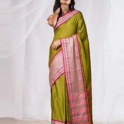 Unnati Silks Green & Pink Cotton Woven Saree With Unstitched Blouse-image-29
