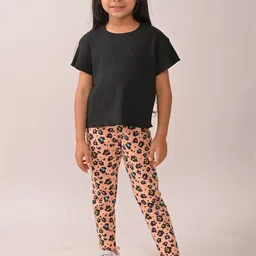 YK Girls Leopard Printed Ribbed T-Shirt & Leggings Clothing Set-14