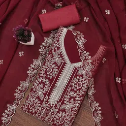 HERE&NOW Floral Embroidered Beads And Stones Georgette Unstitched Dress Material-image-89