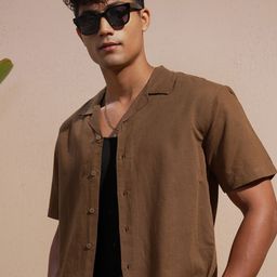 HIGHLANDER Self Design Spread Collar Half Sleeves Cotton Linen Relaxed Fit Shirt-image-101