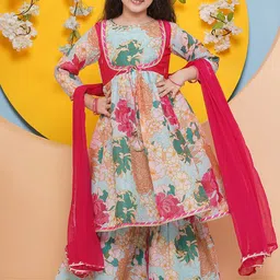 Bitiya by Bhama Girls Floral Printed Regular Gotta Patti Kurta with Sharara & With Dupatta-image-47