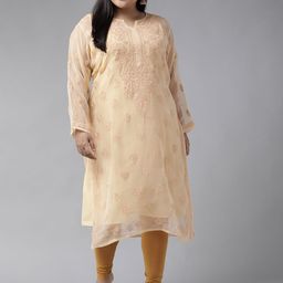 ADA Women Plus Size Beige Ethnic Motifs Chikankari Embroidered Handloom Kurta With Slip-23