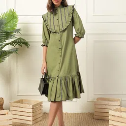 DEEBACO Women Puff Sleeve Shirt Midi Dress-image-93