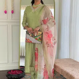 THE52 Floral Printed V-Neck Sequinned Straight Kurta With Trousers & Dupatta-18