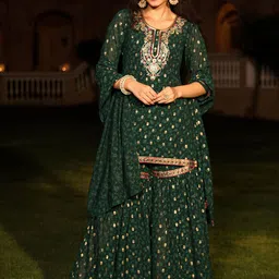 Juniper Floral Printed Thread Work Straight Georgette Kurta With Sharara & Dupatta-image-43