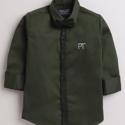 Polka Tots Full Sleeve Placement Embroidered Reverse Collar Placket Shirt With Bow Tie  - Green-image-6