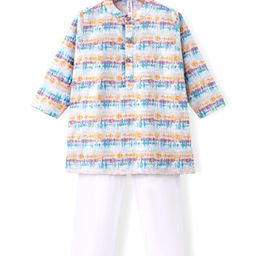 Babyhug 100% Cotton Full Sleeves Kurta With Payjama Set With Ikat Print - White-picture-15