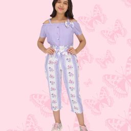 Cutecumber Cold Shoulder Half Sleeves Bow Embellished & Balanced Striped Jumpsuit - Purple-image-8