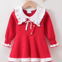 Kookie Kids Full Sleeves Winter Wear Frock With Frill Detailing- Red-image-80