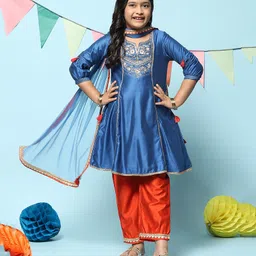 BIBA Three Fourth Sleeves Floral Embroidered & Laced Embellished Kurta Pyjama With Dupatta Suit Set - Blue-picture-36