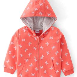 Babyhug Cotton Knit Full Sleeves Sweatjacket With Zipper & Hood Butterfly Print - Pink-image-9