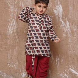 AJ Dezines  Pure Cotton Full Sleeves Elephant Printed Kurta With Coordinating Lace Embellished  Dhoti Set - Maroon-image-96