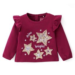 Babyhug Cotton Knit Full Sleeves A Line Top with Star Print & Frill Detailing- Maroon-image-3