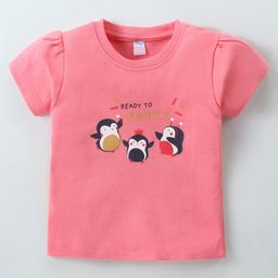 Tango Interlock Knit Half Sleeves T-Shirt with Text & Penguin Print - Coral-image-86