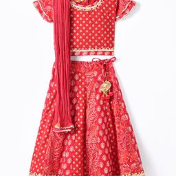 Exclusive from Jaipur Cotton Woven Half Sleeves Foil Printed Choli & Lehenga with Dupatta Tassle Detailing - Red-image-66