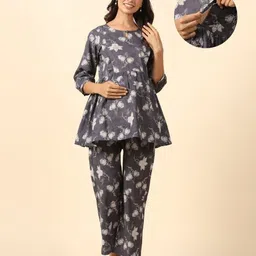 Ikk Kudi by Seerat Cotton Woven Three Fourth Sleeves Floral Printed Peplum Top With Zipper Nursing Access & Pant Set - Grey-picture-4