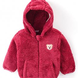 Babyhug Woven Full Sleeves Hooded Front Open Fur Jacket with Bear Patch Detailing - Maroon-image-24
